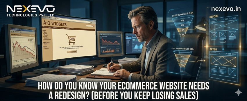 Business owner analyzing outdated ecommerce website performance before redesign