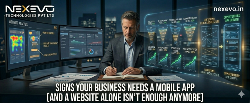 Business owner analyzing website limitations and mobile app growth opportunities