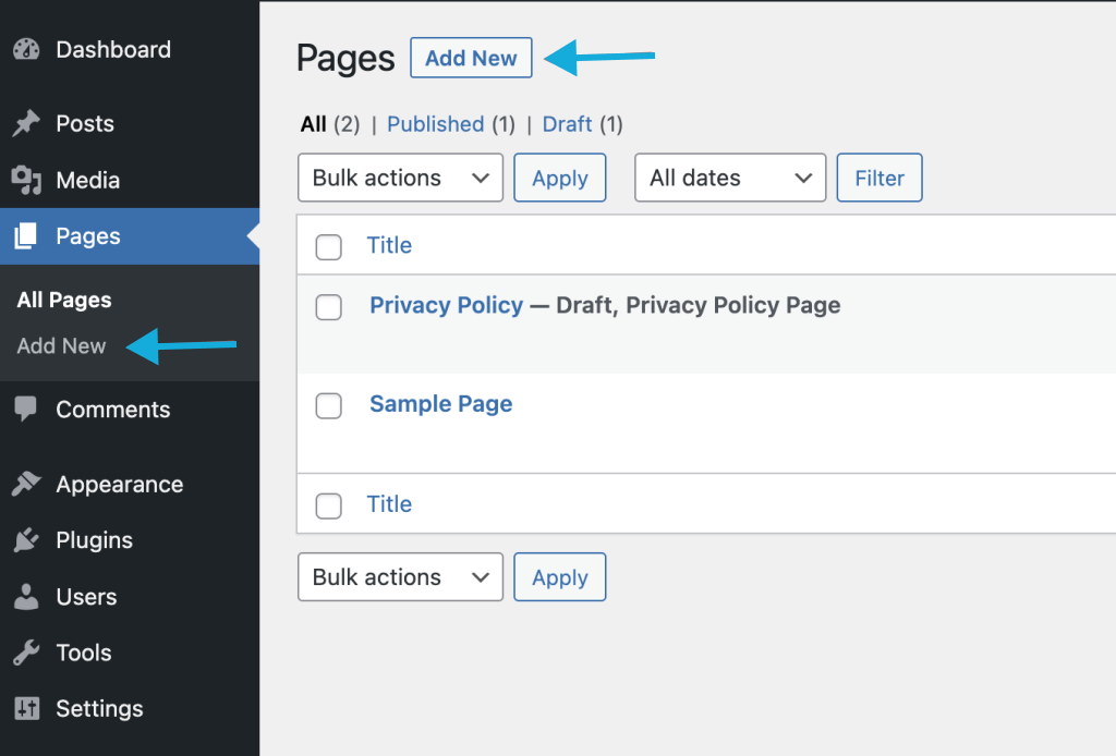 Add new pages in Wordpress by clicking pages menu