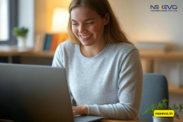 A happy blogger using a paraphrasing tool to enhance blog content.