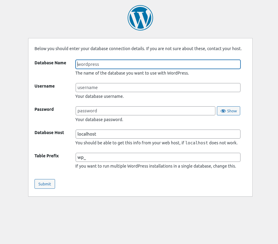 The WordPress database connection details database name username host